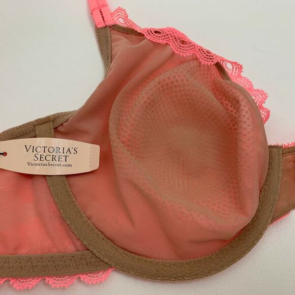 Victoria's Secret Underwire Unlined Lace Semi Demi Bra Neon Pink Size 32DD - Picture 8 of 8